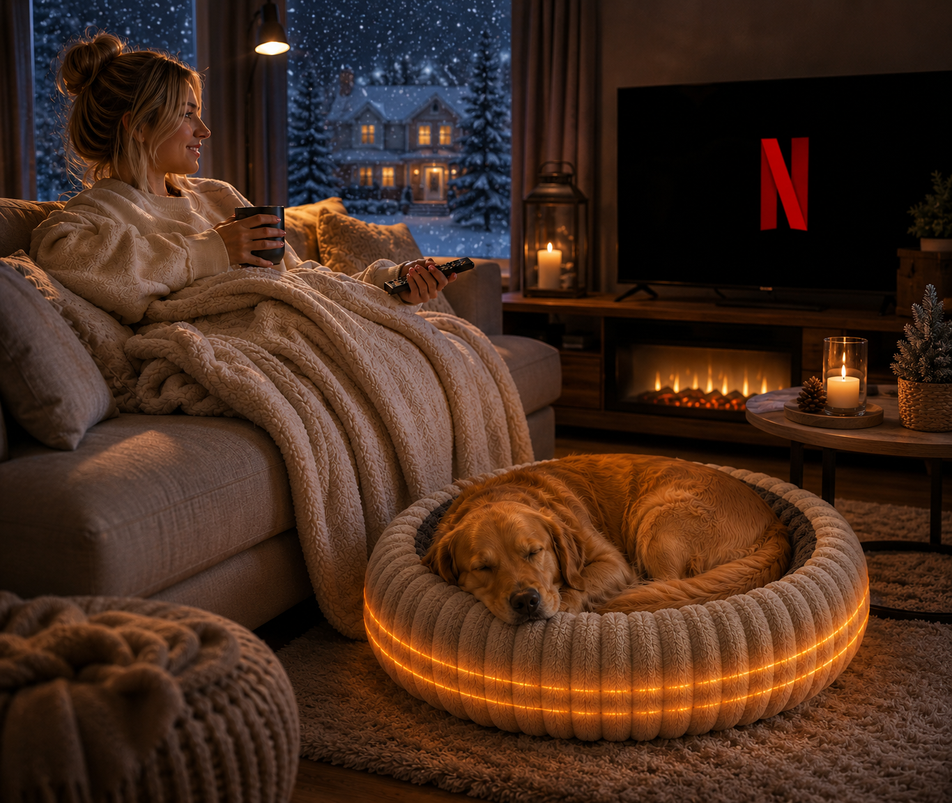 Owner cozy on the couch while their dog sleeps in a HotDawgs bed