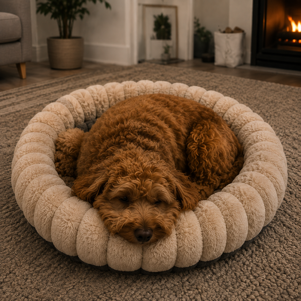 Dog curled up in a HotDawgs bed by the fireplace